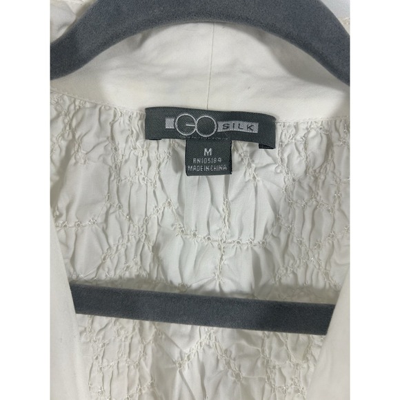 GO SILK Cream Puckered Smocked Blouse M Romantic Boho Victorian Loop Button Top - Picture 4 of 11